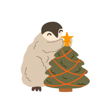 Cute penguin decorating Christmas tree with star topper. Hand drawn arctic bird with Xmas tree. Cozy winter holiday scene for greeting cards, stickers and seasonal designs. Flat vector illustration.