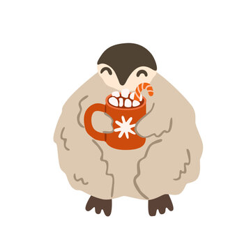 Cute penguin holding mug of hot chocolate with marshmallows. Hand drawn polar bird with cocoa cup. Cozy winter drink for Christmas holidays, cards, stickers, and prints. Flat vector illustration.