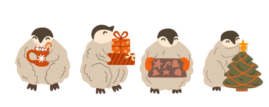 Christmas penguins collection. Cute set of polar birds with gift, hot chocolate, cookies, and decorated Xmas tree. Cozy winter holiday design for card and print. Flat vector illustration, hand drawn.
