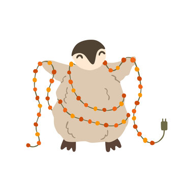 Cute penguin wrapped in Christmas string lights. Polar bird with garland, cozy winter holiday character. Festive season design for cards, stickers, and prints. Flat vector illustration, hand drawn.