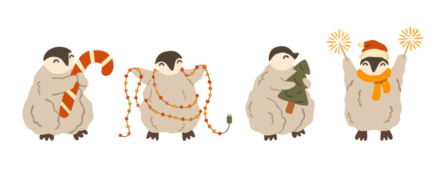 Set with penguins celebrating Christmas. Xmas polar bird collection with candy cane, string lights, tree, Santa hat, and sparklers. Festive winter characters. Flat vector illustration, hand drawn.