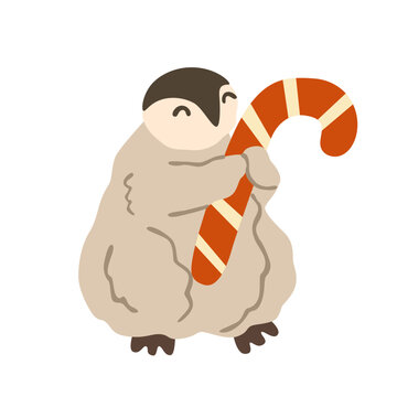 Cute penguin holding Christmas candy cane. Cozy Xmas arctic bird character celebrating the winter holiday season, perfect for cards, stickers, and prints. Flat vector illustration, hand drawn.