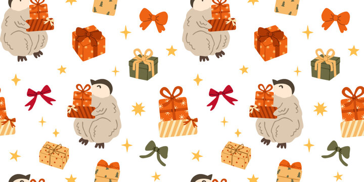 Christmas Penguins Seamless pattern with gift boxes, ribbons, bows presents. Hand drawn Xmas arctic bird characters, cozy holiday design for wrapping paper, textiles, cards. Flat vector illustration.