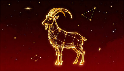 Golden goat constellation on dark red night sky © Izza