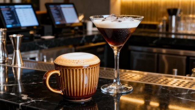 Elegant cocktail and latte on premium marble bar counter with modern pos systems blurred in background