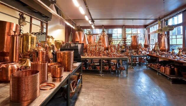 contemporary metalworking studio with copper brass steel and hammered vessels