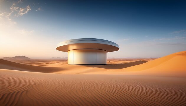 futuristic desert monolith product plaza featuring soft atmospheric panoramic composition