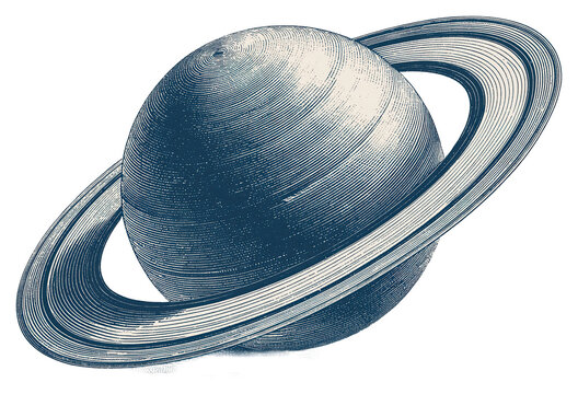 Blue vintage engraving of Saturn with its prominent planetary rings, isolated on transparent background for astronomy, science and celestial designs.
