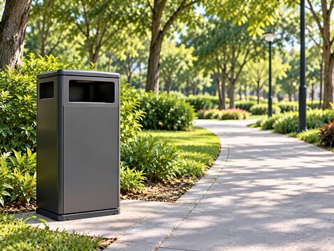 Public Waste Bin Beside Walkway in Clean Urban Park