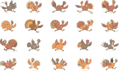 Fototapeta premium Set of funny cartoon turkeys running and moving in different poses for thanksgiving holiday season theme