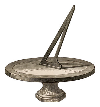 Classic sundial with triangular gnomon mounted on a circular pedestal, rendered in antique engraved style and isolated on transparent background.