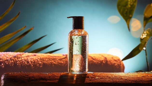 glowing skincare bottle with water droplets symbolizing purity and rejuvenation in spa inspired self care