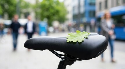 Green leaf resting on a black bicycle seat on a city street. Eco friendly urban transportation concept. World Car Free Day background