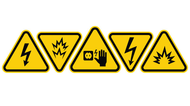 Bright yellow triangular caution signs displaying dangerous electrical shock hazards with sharp black graphic icons