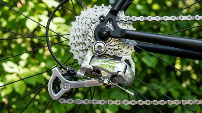 Close up of bicycle rear derailleur and gear cassette chain. Metallic bike mechanism with green foliage background. Sustainable urban transport concept