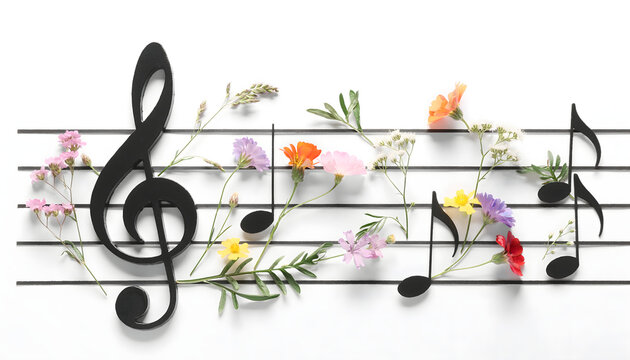 Musical notes and flowers creating spring melody on staff