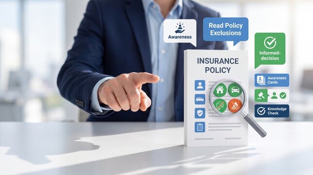 Business professional pointing at an insurance policy document with magnifying glass