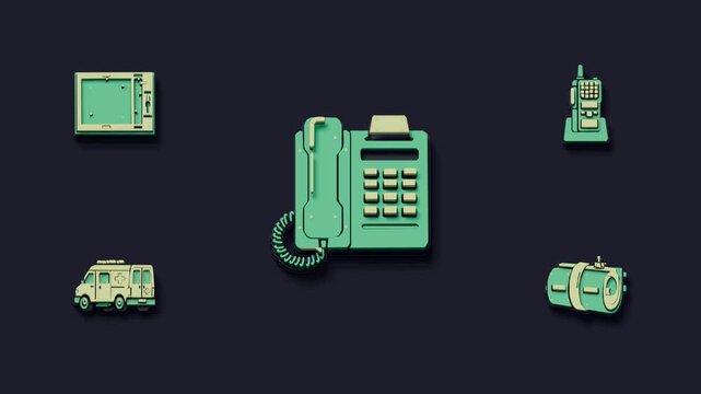 Dispatch receives an emergency call, plots the route, alerts the crew by radio, and authorizes ambulance rollout. Flat 3D style with smooth matte surfaces.