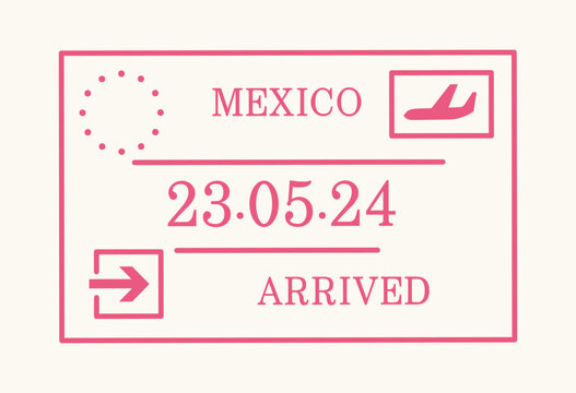Rectangular Mexico arrival passport stamp with airplane, entry arrow and date, international travel and immigration concept, vector illustration