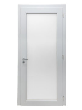 Contemporary white wooden door for indoor use, featuring a large vertical frosted glass window panel, a modern silver handle with a keyhole, isolated on white with clipping path