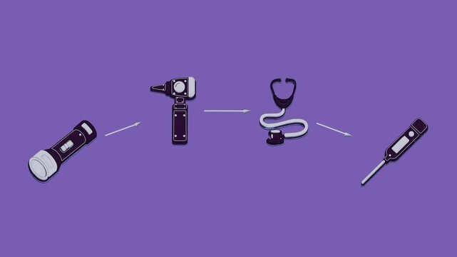 A physical assessment proceeds from ocular inspection through aural evaluation, thoracic auscultation, and temperature measurement. Flat 3D style with smooth matte surfaces.