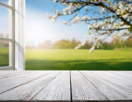 white wood table with large spring window and copy space
