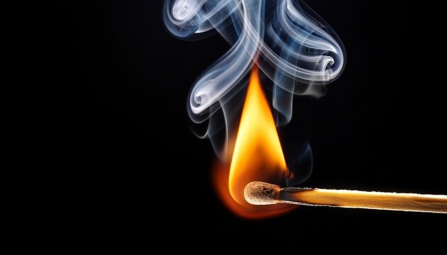 burning matchstick flame fire smoke ignition heat ash wood black background closeup