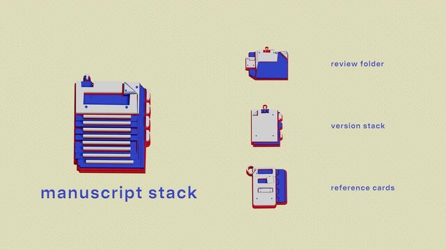 A research record brings together the manuscript, review documentation, version history, reference materials, and archival copy for publication traceability. Flat 3D style with smooth matte surfaces