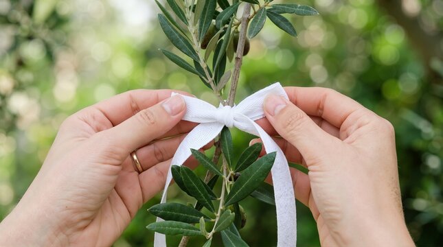 Hands tying white ribbon bow on olive branch outdoors. Symbol of peace and friendship