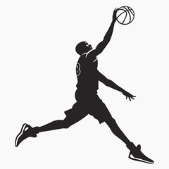 Vector silhouette of a basketball player jumping for a powerful slam dunk with basketball game © Hafiz