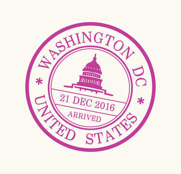 Round Washington DC arrival passport stamp with US Capitol silhouette, date and United States text, vintage immigration and travel design, vector illustration