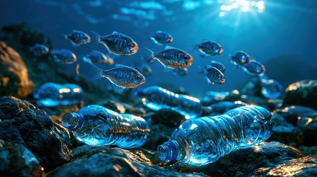 A school of fish swims over a rocky seabed strewn with plastic bottles, highlighting ocean pollution. Ideal for environmental awareness campaigns.
