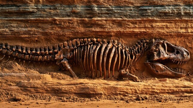 Dinosaur skeleton embedded in desert sediment layers, showcasing ancient paleontological remains and geological strata.