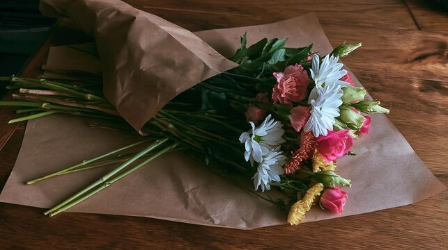 Bouquet of flowers wrapped in brown paper. the bouquet is made up of a variety of colorful flowers, including pink roses, white daisies, and yellow carnations.