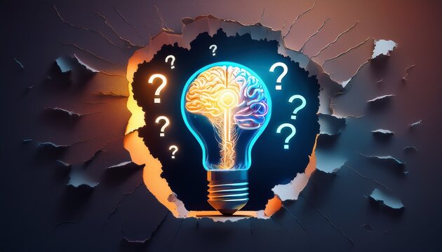 neon brain lightbulb in a ripped hole with glowing question marks concept of artificial intelligence innovation and digital marketing strategy