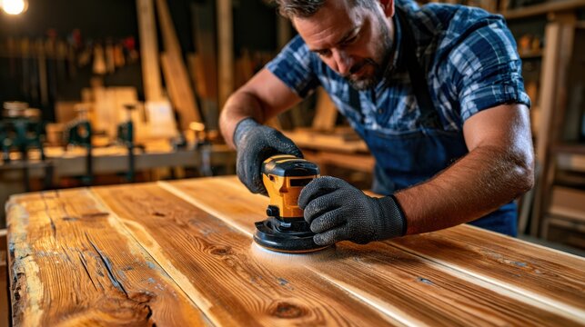 Woodworker sanding a timber beam in a workshop, highlighting craftsmanship and restoration. Ideal for concepts of renovation and sustainable reuse.