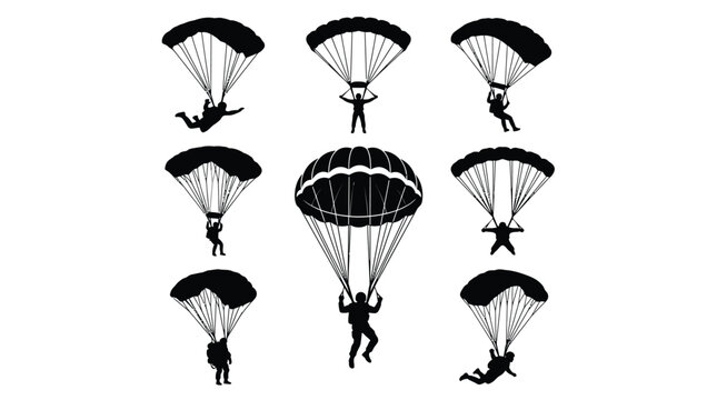 Skydiver silhouettes in various poses using parachutes displayed as a collection of detailed vector icons