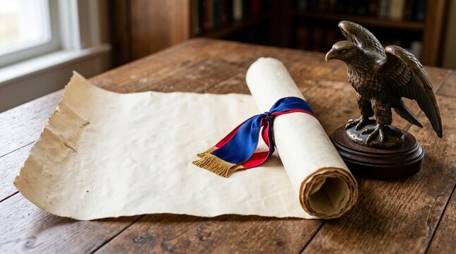 Blank parchment scroll with patriotic ribbon and bronze eagle statue. Historical background on wooden desk with copy space