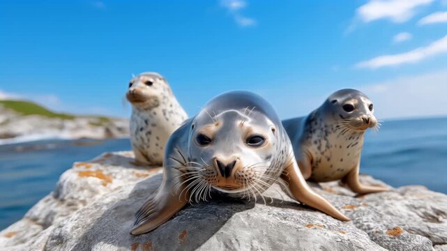 Three spotted seals rest together on a coastal rock beside calm blue water under a clear sky