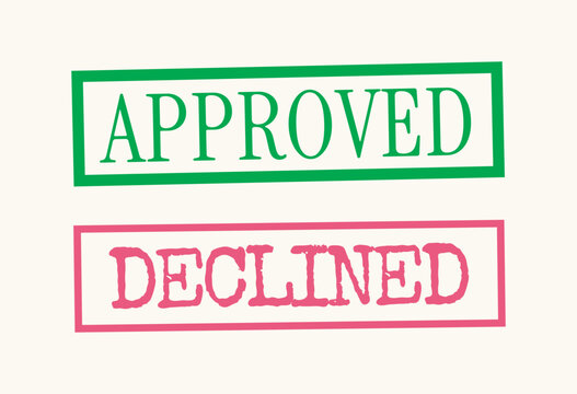 Green approved and pink declined rectangular rubber stamps with text on light background, acceptance and rejection decision concept, vector illustration