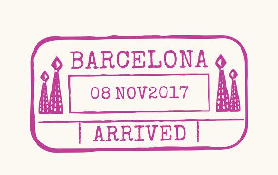 Purple Barcelona arrival travel stamp with date and stylized landmark symbols, vintage tourism and passport design for Spain, vector illustration