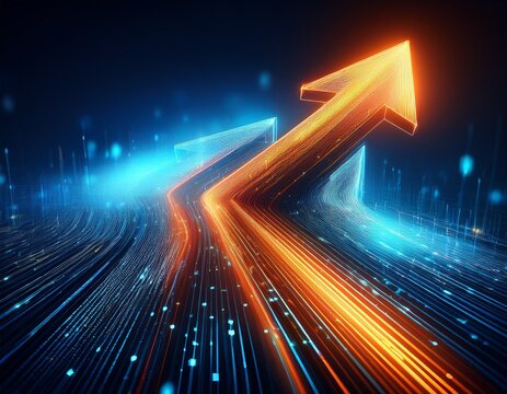 glowing blue orange pixelated digital arrow moving forward concept of digital transformation technological innovation and future business strategy