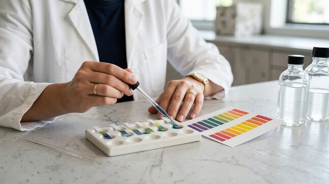 Scientist using pipette to test pH level on indicator strips in laboratory. Chemical analysis and liquid research