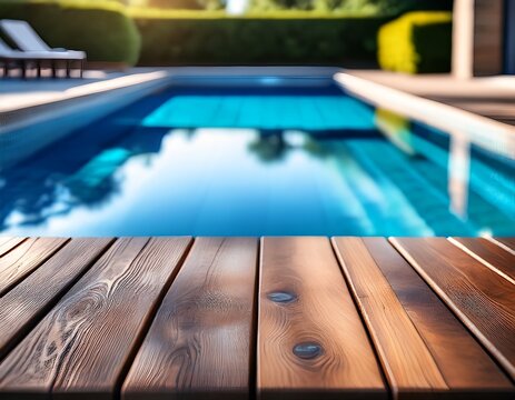 wooden outdoor table edge in focus beside a vibrant blurred swimming pool with sparkling blue water and soft bokeh reflections in background