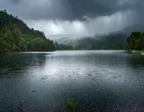 the calm moody scene of rain falling on a lake