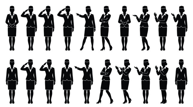 Black silhouette collection of professional air hostesses performing various gestures and standing in different poses