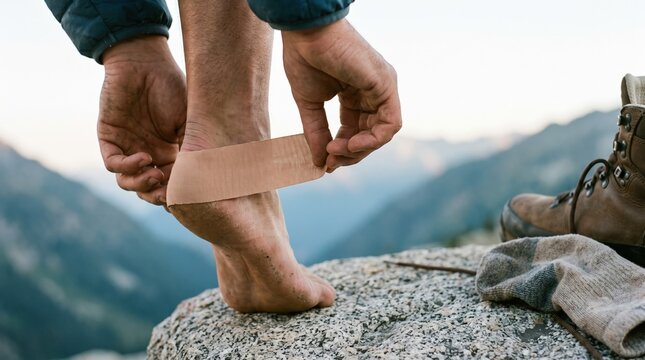 Hiker applying protective tape to heel on a rocky mountain peak during an outdoor adventure