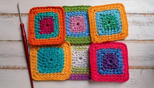 multicolored granny squares with crochet hook and white wooden ground