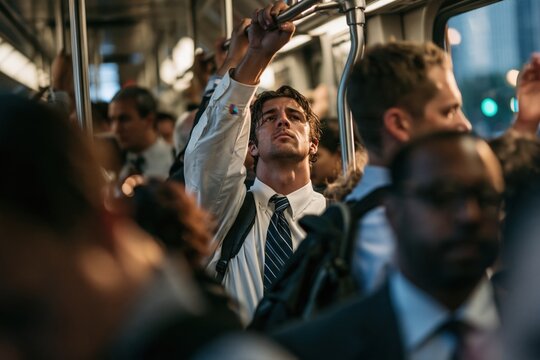 Tired businessman commuting on crowded public transport
