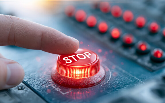 Hand pressing red stop button on control panel